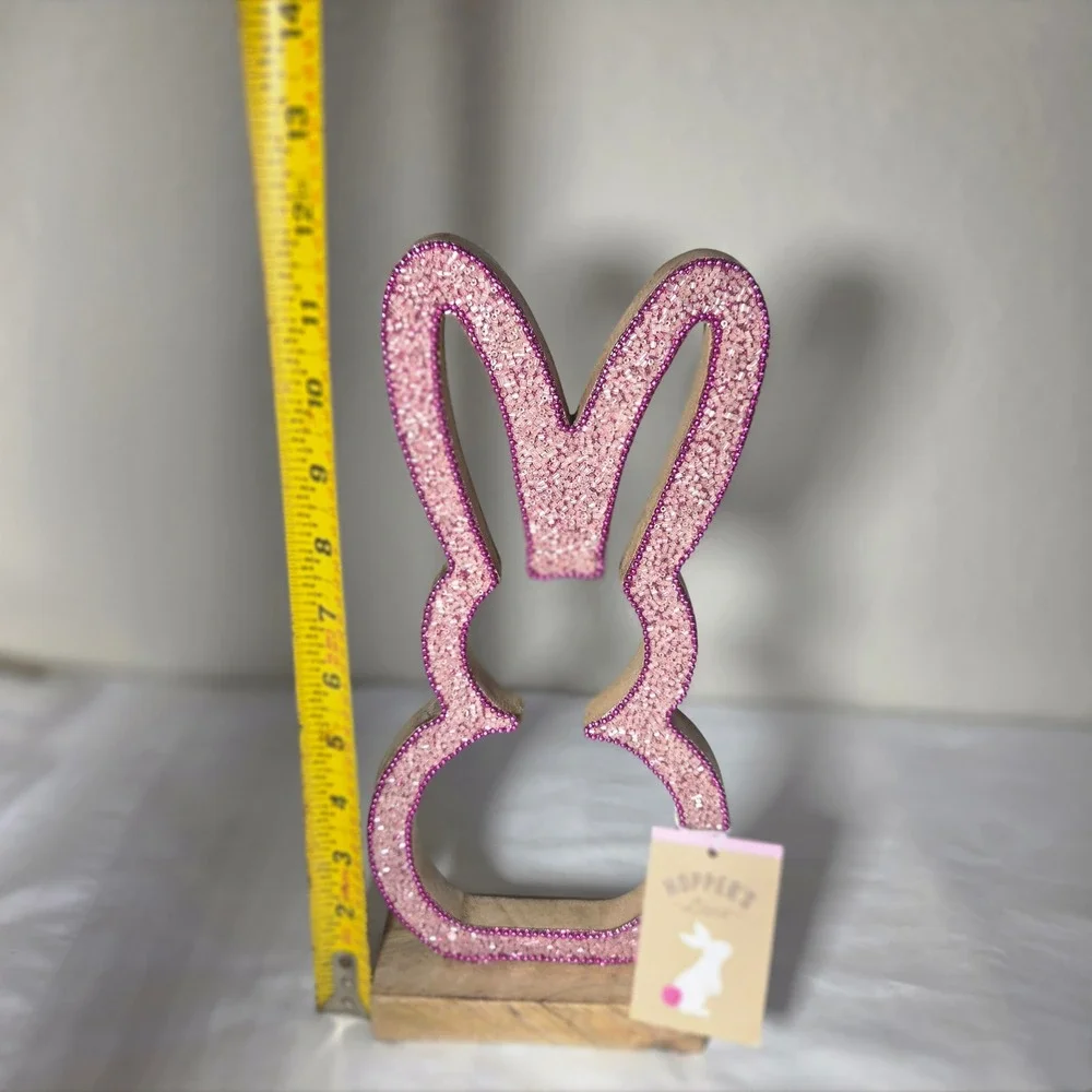 Hoppers Lane Pink Beaded Wood Bunny Silhouette Easter Decor Figurine 12 Inch